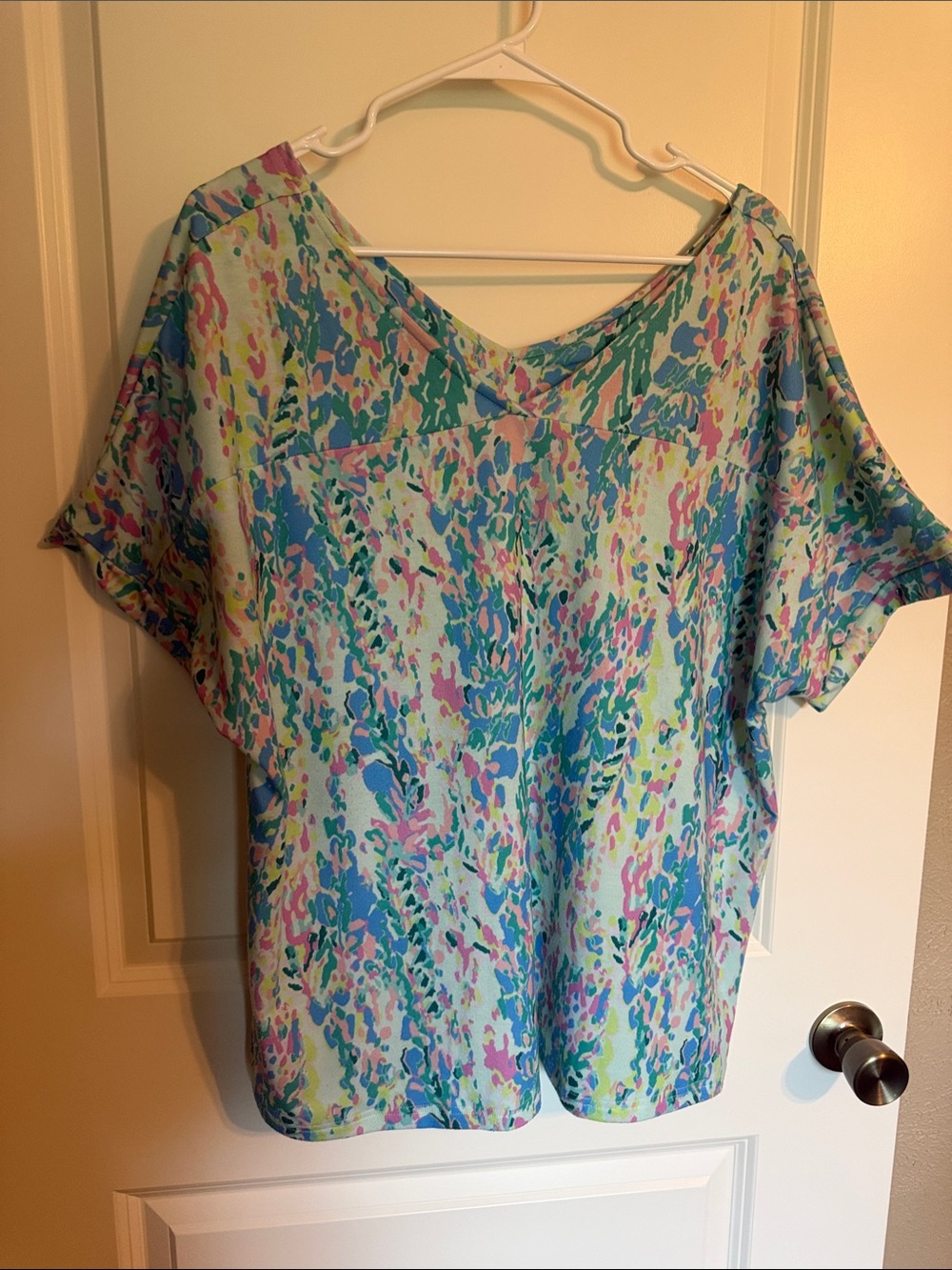 Floral Watercolor V-Neck Short Sleeve Top - Pastel Multi